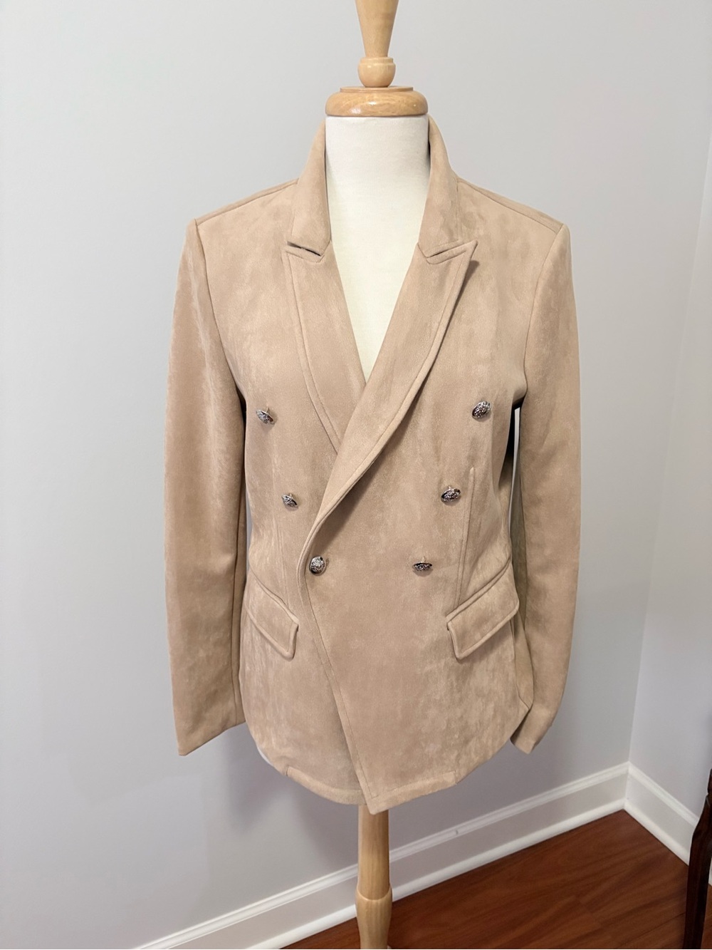 Double-Breasted Faux Suede Blazer Jacket in Beige